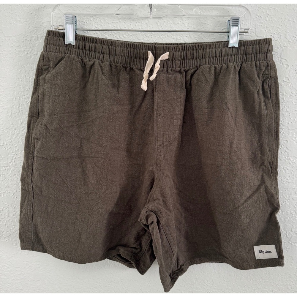 Rhythm Textured Linen Jam Shorts Men's Size 34 Olive Green Casual Summer Surf
